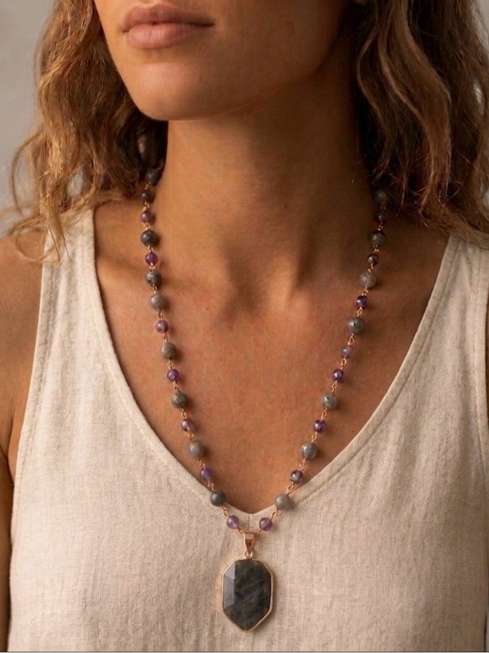 Genuine Amethyst & Labradorite Beaded Necklace with Labradorite Pendant